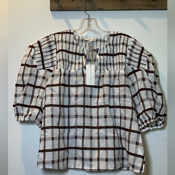 NWT Moon River 100% cotton size Small brown grid top - Picture 1 of 8